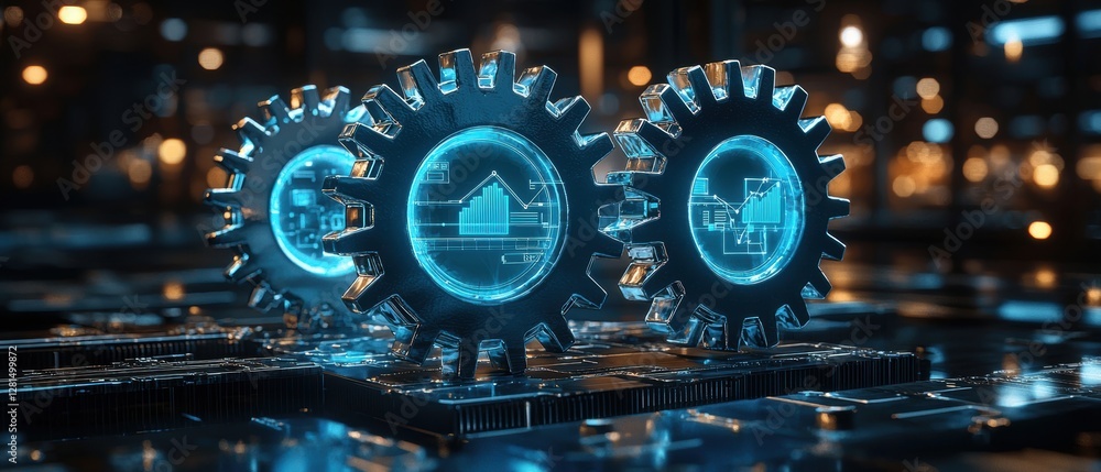 Poster dynamic business expansion concept showing interconnected gears and digital graphs in futuristic tec