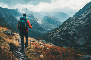 hiker in the mountains . Generative Ai