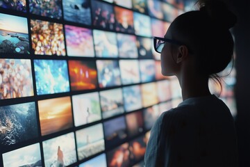 A woman with glasses examines a large illuminated wall displaying multiple digital photos in a dimly lit room.