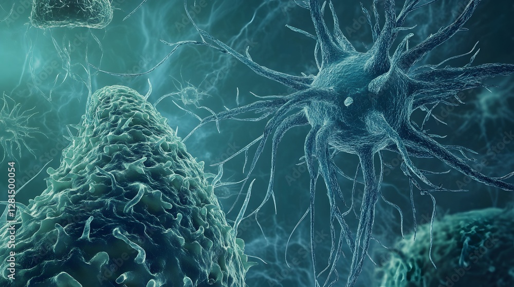 Poster visually captivating microscopic view of the intricate neuronal network structures in vibrant shades
