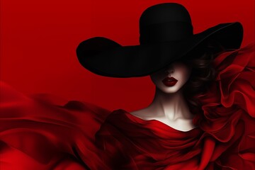Dramatic portrait of a mysterious woman in a flowing red dress and wide-brimmed black hat against a red background.