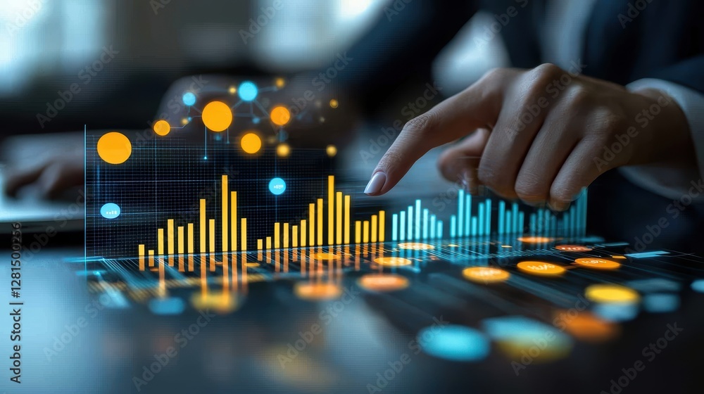 Poster professional consultant analyzing financial data with glowing chart visuals and strategic pointing g