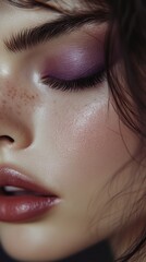 Naklejka premium Detailed close-up of a woman's face showcasing purple eyeshadow, long lashes, and glossy lips, emphasizing beauty and cosmetics.