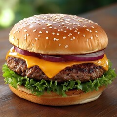 Appetizing Cheeseburger with Fresh Ingredients on Wooden Surface a Culinary Delight Close Up View