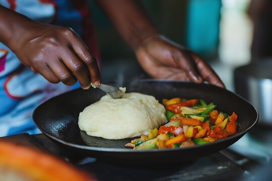 A vibrant scene showcasing a traditional Kenyan breakfast of ugali with vegetables and egg, reflecting the rich diversity of international breakfasts across cultures.