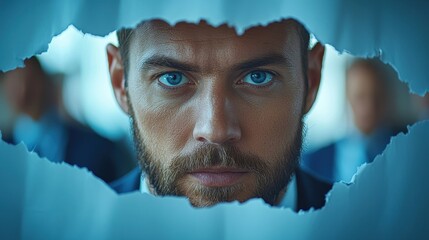 Confident Businessman Peering Through Torn Paper