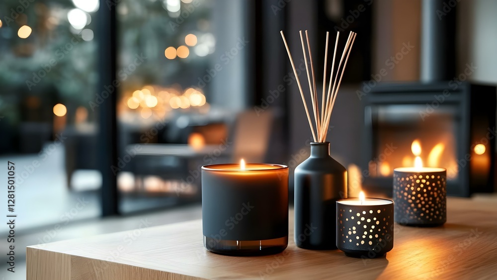 Poster candles and a diffuser are placed on a table, creating a warm, cozy ambiance in a softly lit indoor 