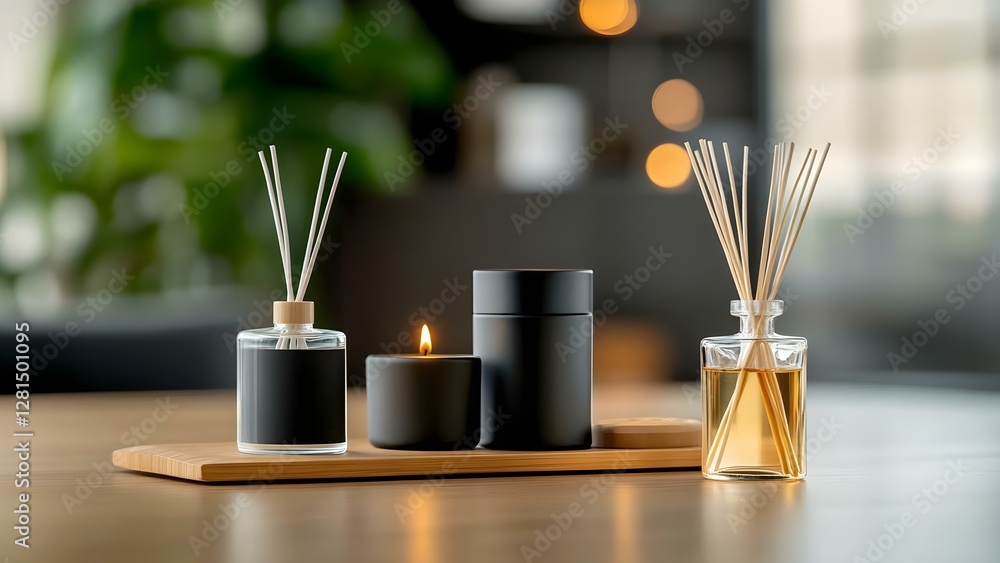 Poster a tranquil display of scented candles and diffusers on a wooden tray, with a blurred background of s