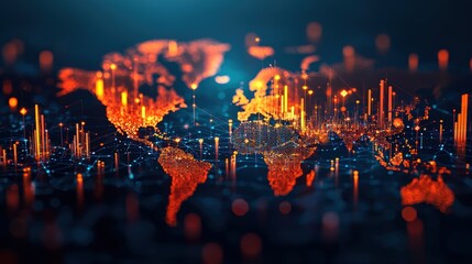 Obraz premium Futuristic Global Business Connections Depicted Through Vibrant Network Visualization and Data Patterns on a World Map