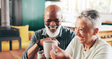 Mature, interracial couple and laughing with coffee for funny joke, morning or bonding together at...