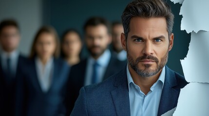 Confident Businessman Emerging from a Ripped Paper Background, Leading a Team