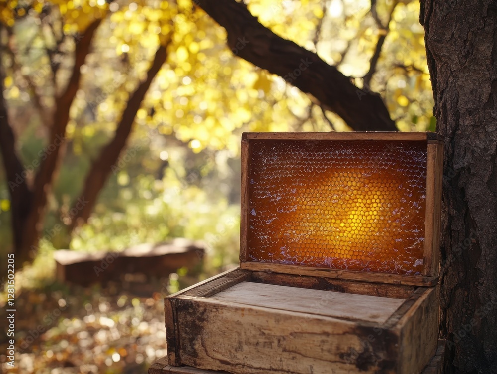 Poster golden honeycomb frame leaning against tree trunk in autumnal forest with bokeh background and warm 