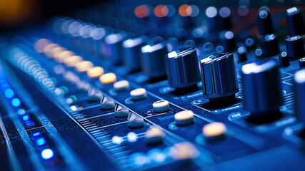 Mixing console illuminated by soft lights at a recording studio during late night session