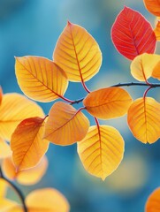 Autumnal Serenity Golden Leaves Radiating Warmth on Branch Against Soft Blue Backdrop Capturing Tranquility and Beauty