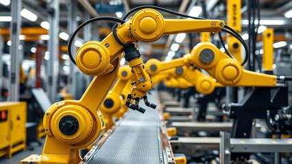 Fototapeta premium Closeup of a yellow robotic arm on automated manufacturing line, automated, machinery