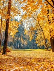Fototapeta premium Serene autumn forest landscape with golden foliage covering the ground creating a tranquil atmosphere and inviting natural beauty perfect for seasonal themes