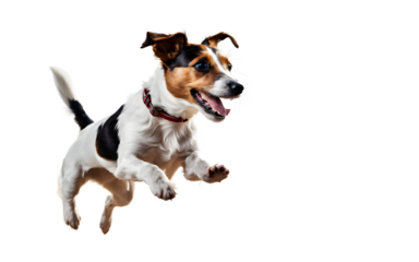 A playful Jack Russell Terrier jumping in excitement, isolated on a empty plain background