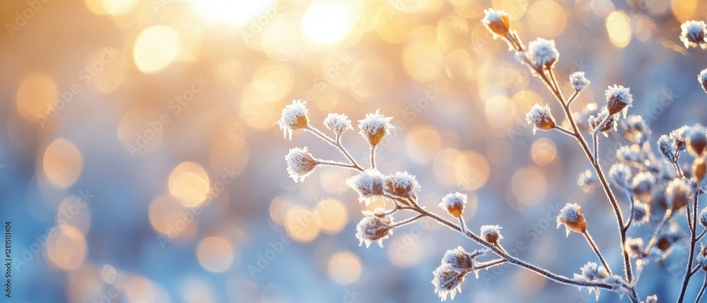 Poster enchanting winter frost adorns delicate plant stems against a bokeh background of golden light creat