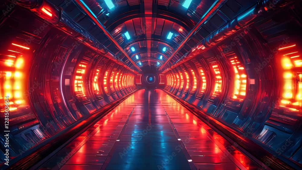 Poster a futuristic sci-fi corridor illuminated by red and blue neon lights, creating a tunnel-like perspec