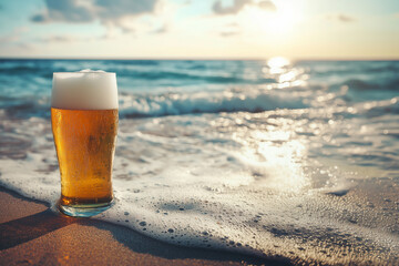 Glass of cold beer on the beach.