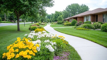 Obraz premium Winding concrete sidewalk lined with vibrant yellow and white flowers passes by green lawns and brick suburban houses on a bright summer day.
