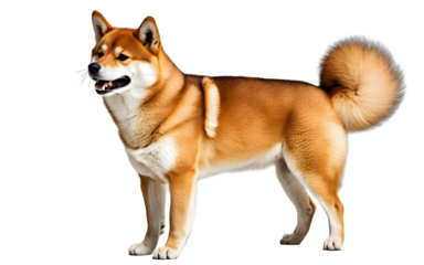 A playful Shiba Inu with a curled tail and a happy expression, isolated on a empty plain background
