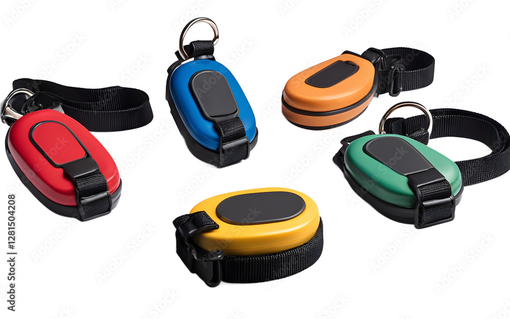 Poster A set of pet training clickers with wrist straps, isolated on a empty plain background