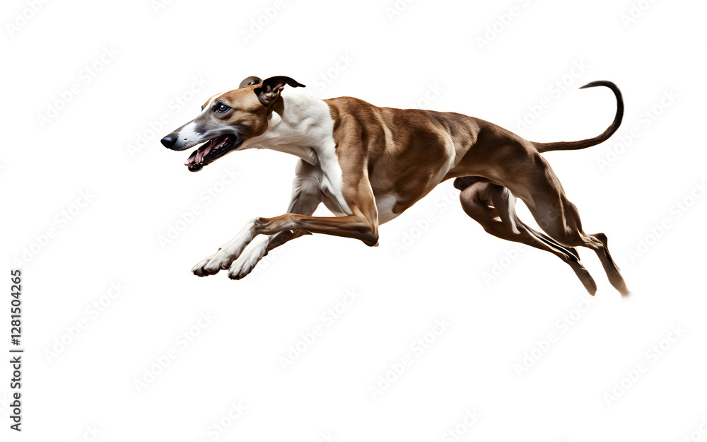 Poster a sleek greyhound dog in mid-run, isolated on a empty plain background
