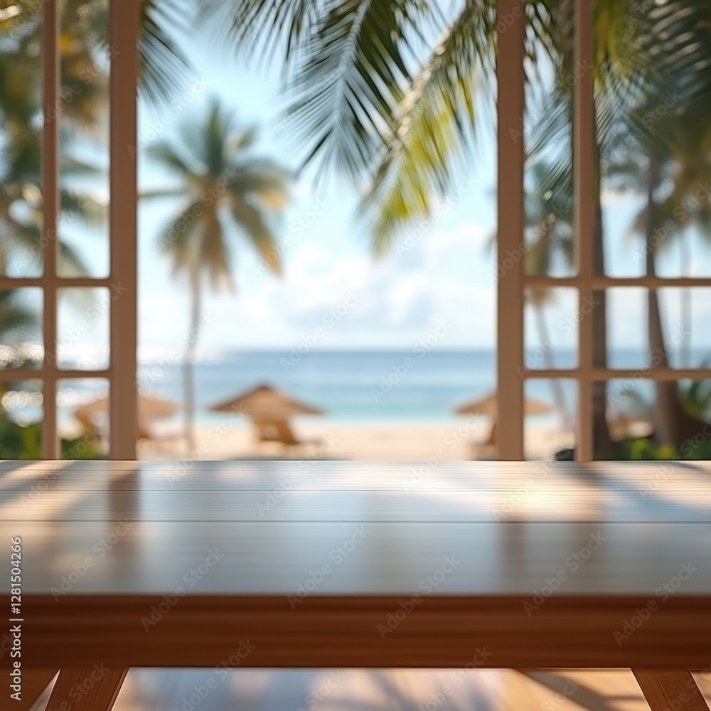 Poster serene tropical beach view through window frame with wooden table in foreground creating a peaceful 