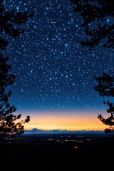 Majestic starry night sky over distant city lights with silhouetted trees framing the celestial vista serene and magical atmosphere
