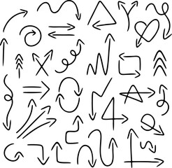 Hand-sketched black arrows showcasing diverse directions and forms, including curved, zigzag designs. Vector