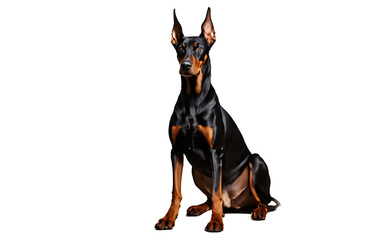 A sleek Doberman Pinscher standing alert, isolated on a empty plain background
