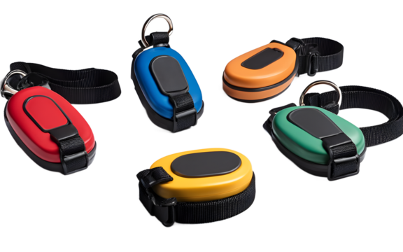 A set of pet training clickers with wrist straps, isolated on a empty plain background