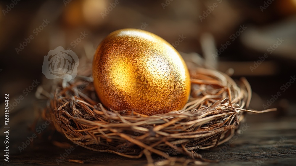 Aufkleber a golden egg resting in a rustic nest, symbolizing wealth and prosperity in a serene setting