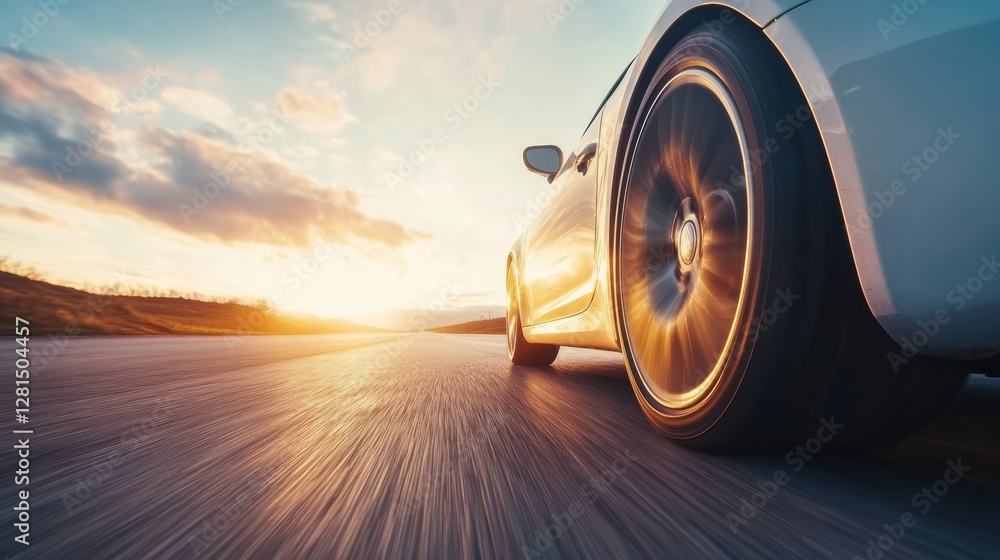 Poster sunset drive along a smooth highway with a focus on a car wheel in motion. generative ai