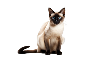 A sleek Siamese cat stretching with its tail raised, isolated on a empty plain background