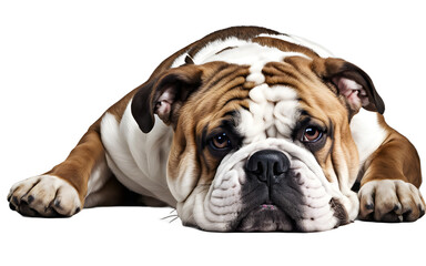 Fototapeta premium A sleepy English Bulldog resting its head on its paws, isolated on a empty plain background