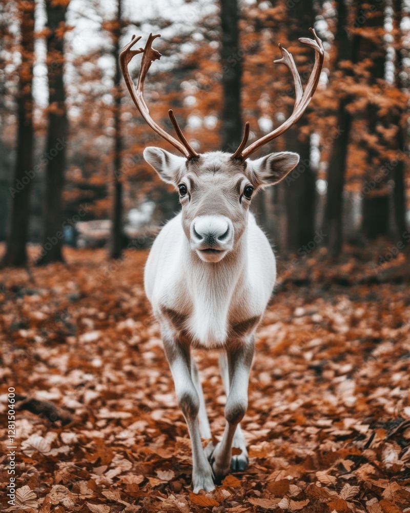 Poster captivating reindeer portrait in autumnal forest with warm tones and shallow depth of field creating