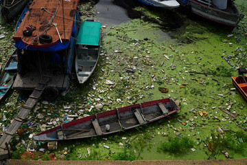 Pollution from plastic waste. The Rio Negro river in the city center of the metropolis of Manaus....