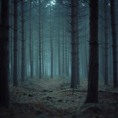 Naklejka premium A misty forest landscape presents a shadowy dark forest scene