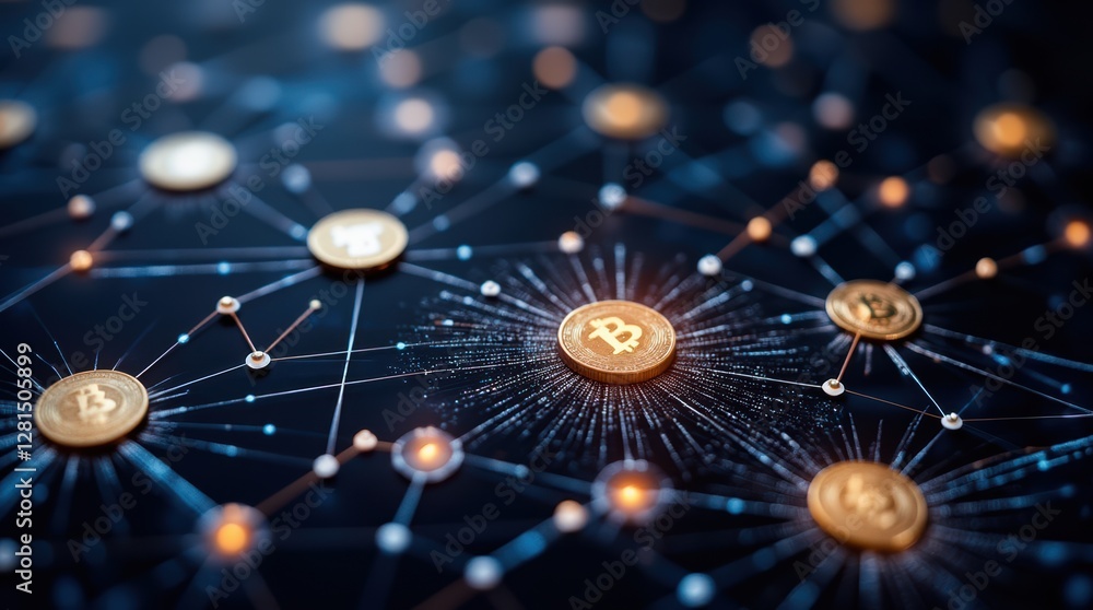 Poster intricate digital network representing cryptocurrency with bitcoin nodes in a futuristic design