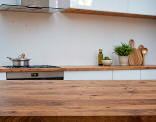 White kitchen table with blurred background of a modern kitchen. Perfect for showcasing products or food.