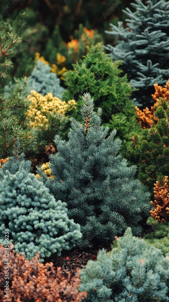 Poster diverse coniferous trees displaying varied colors and textures in a lush garden setting close up vie