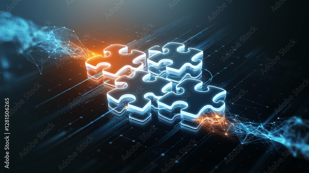 Poster A futuristic digital concept image showing glowing puzzle pieces connected through a network, symbolizing problem-solving, integration, and advanced technology.