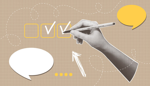 Trendy halftone collage featuring a checklist concept. A human hand marking checkboxes correctly. A creative halftone collage illustration with hand. Vector graphics.