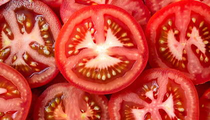 Close-up of fresh sliced tomatoes in vibrant red