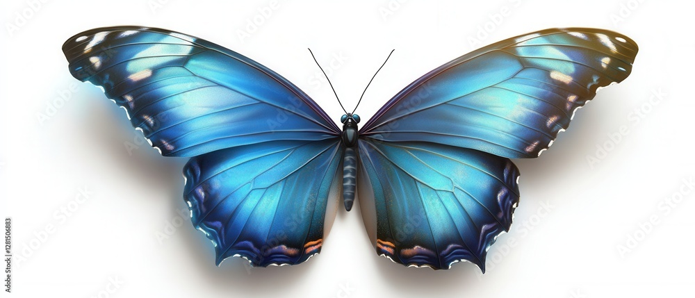 Poster captivating blue morpho butterfly displaying intricate wing patterns against a clean white backgroun