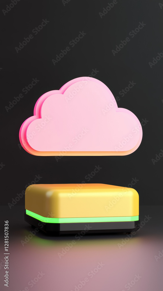 Poster could based file storage. colorful cloud icon above a stylized yellow object on a dark background.