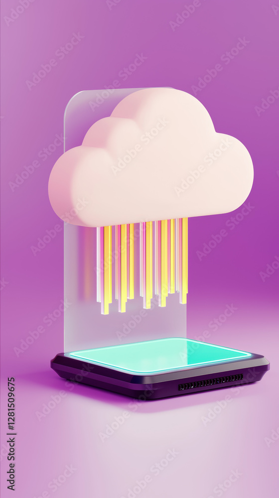 Aufkleber could based file storage. 3d cloud with colorful raindrops over a platform on a purple background.