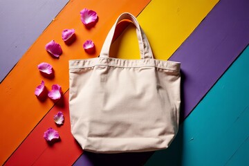 Naklejka premium Beige Canvas Tote Bag on Colorful Background with Rose Petals